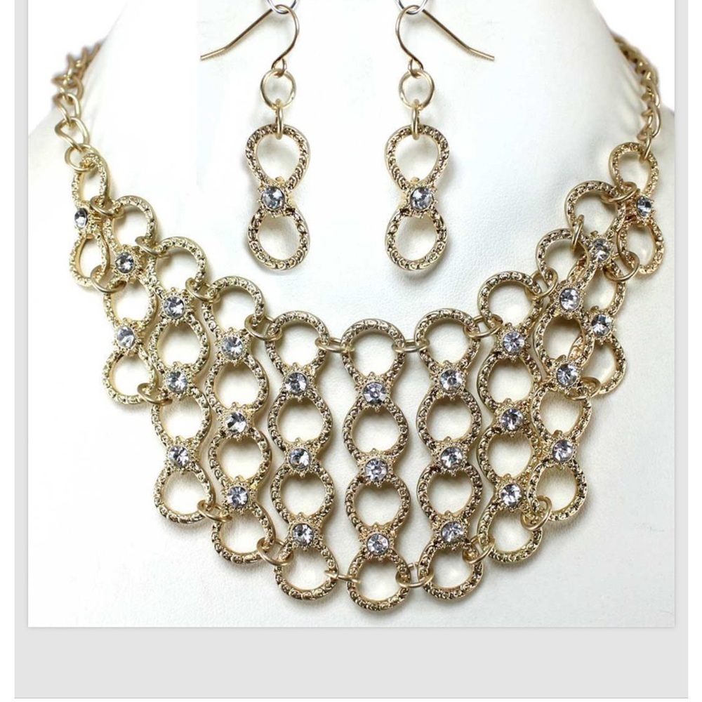 Gold Crystal Necklace Earrings Circle Bib Statement Elegant Costume Jewelry Set